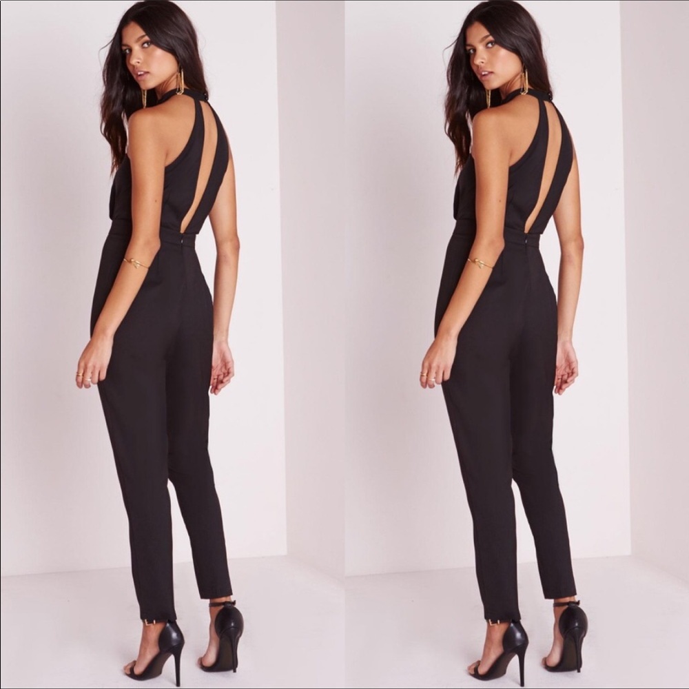 Missguided Black Choker Split Front Jumpsuit